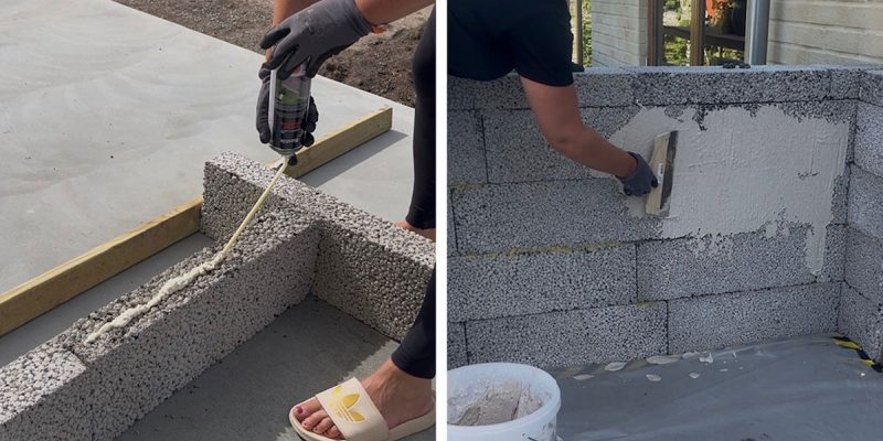 Kollage med två bilder där den första bilden visar när VillaWestre limmar lecablock och den andra bilden visar när hon spacklar uteköksgrunden