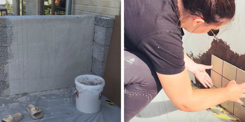 Kollage med två bilder där den första bilden visar VillaWestre montera putsnät av glasfiber på uteköksgrunden och den andra bilden visar när hon monterar på kaklet