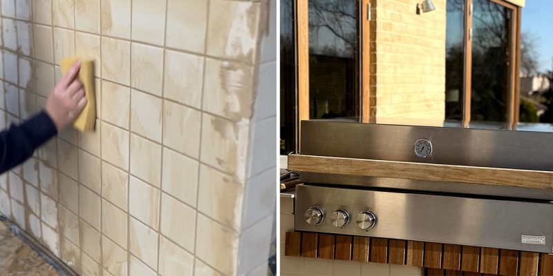 Kollage med två bilder där den första bilden visar när VillaWestre fogar kaklet under uppbyggnad och den andra bilden visar Bluegaz Z inbyggnadsgrill installerad i uteköket