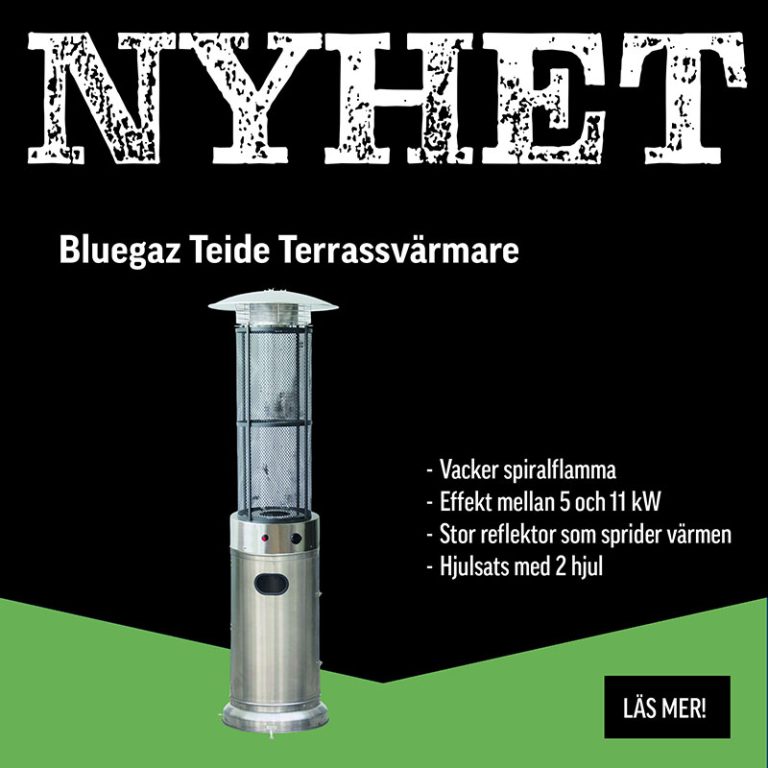 Lanseringsbanner med grön-svart bakgrund för Bluegaz Teide Terrassvärmare