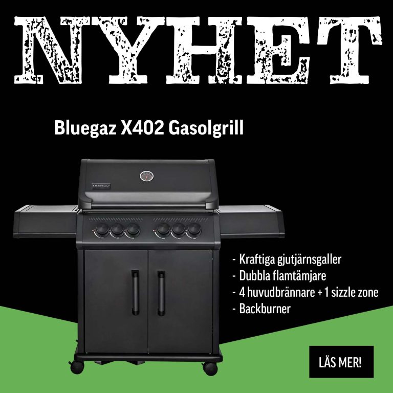 Lanseringsbanner med grön-svart bakgrund för Bluegaz X402 gasolgrill