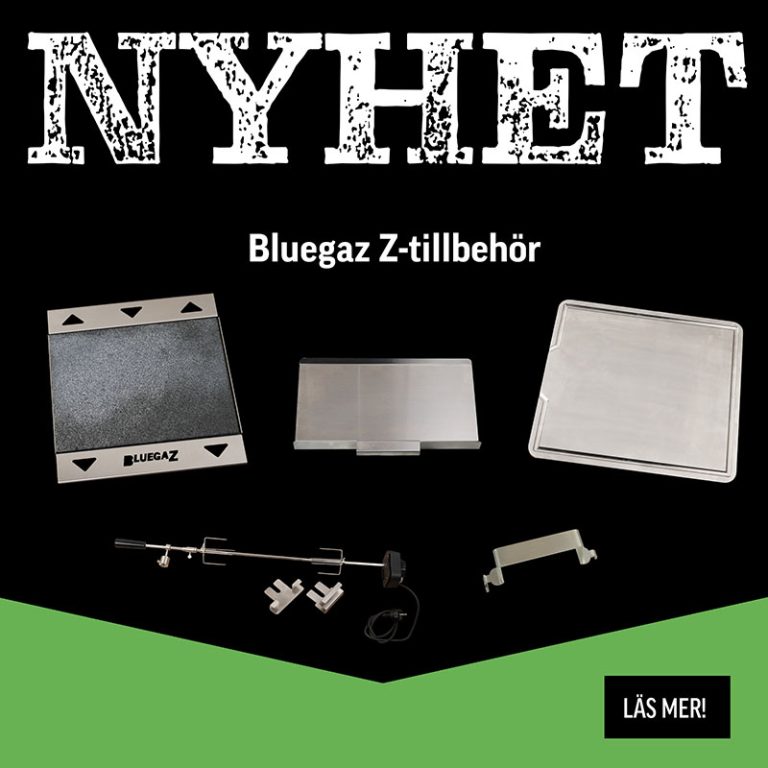 Lanseringsbanner med grön-svart bakgrund för Bluegaz Z-tillbehör
